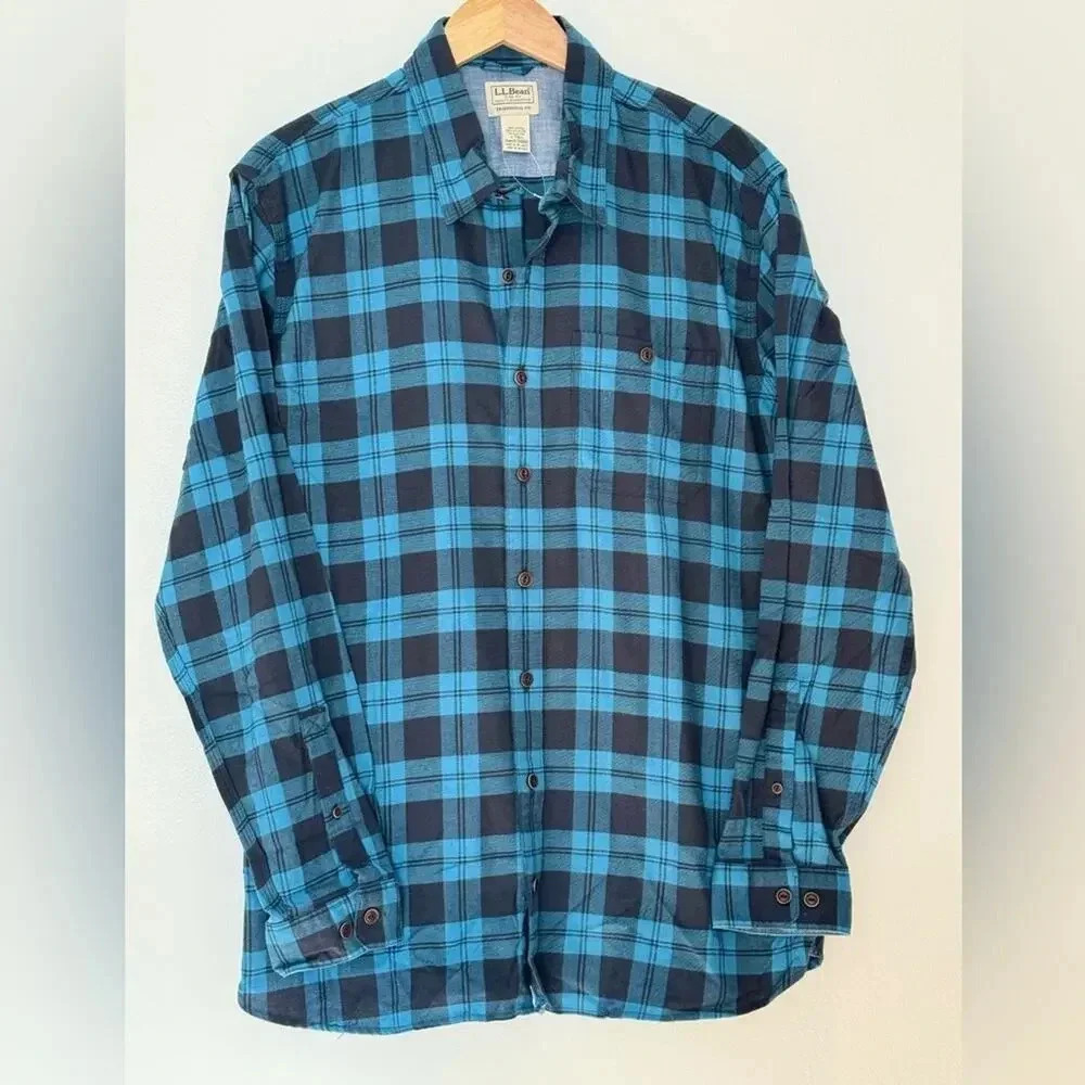 LL Bean Navy Blue Plaid  Twill‎ Button Shirt Traditional Fit L